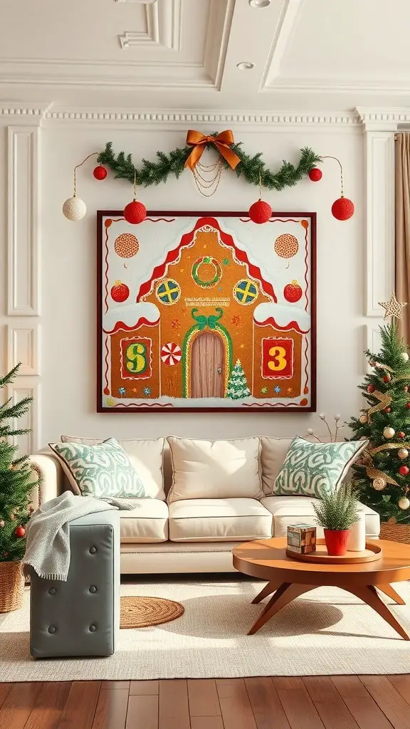 31+ Creative Gingerbread Christmas Decor Ideas You’ll Love 20 A cozy living room decorated with gingerbread-themed wall art, featuring a gingerbread house design, surrounded by Christmas decorations.