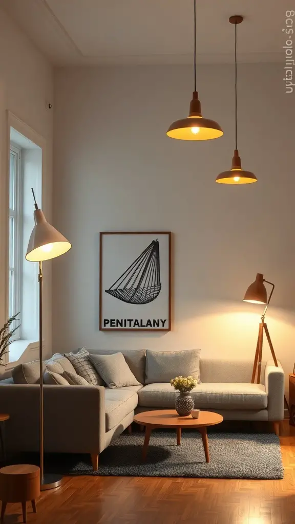 A vintage modern living room with stylish lighting fixtures, including three hanging lights and a floor lamp.
