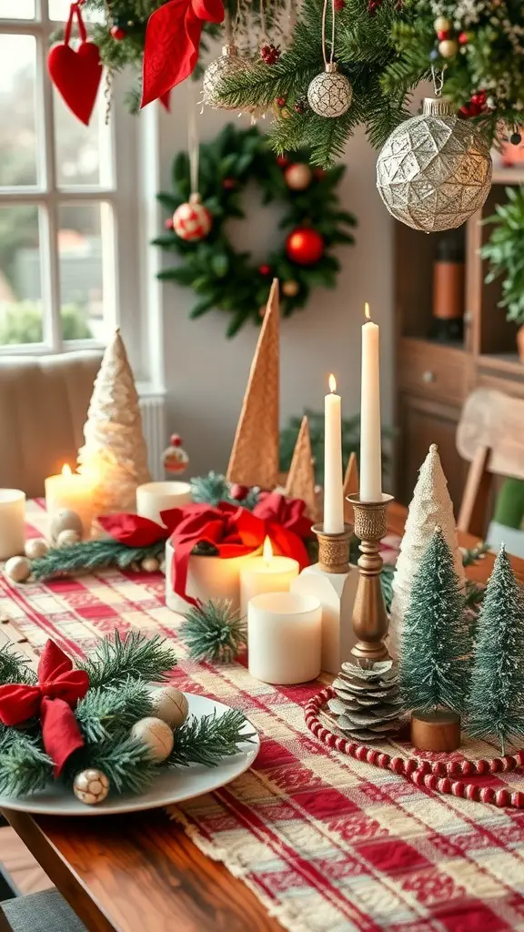 37+ Stunning Christmas Table Decorations You'll Love 20 A beautifully decorated Christmas table with candles, evergreen trees, and festive ornaments.