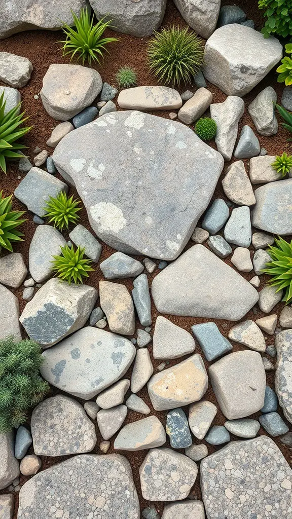 21+ Budget-Friendly Garden Ideas to Transform Your Outdoor Space 9 A rock garden featuring various stones and green plants.