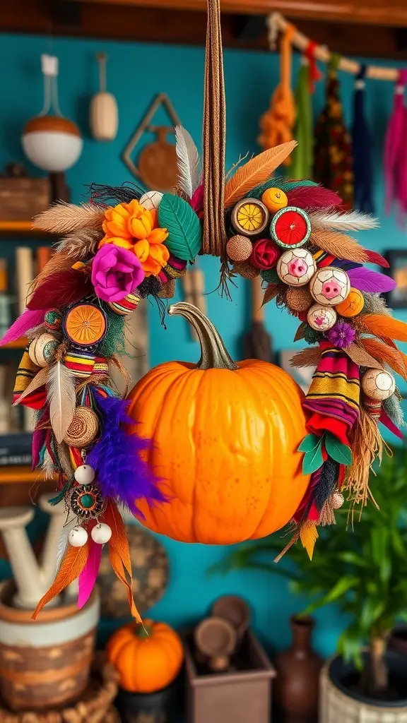 A colorful bohemian pumpkin wreath featuring an orange pumpkin and vibrant decorations.