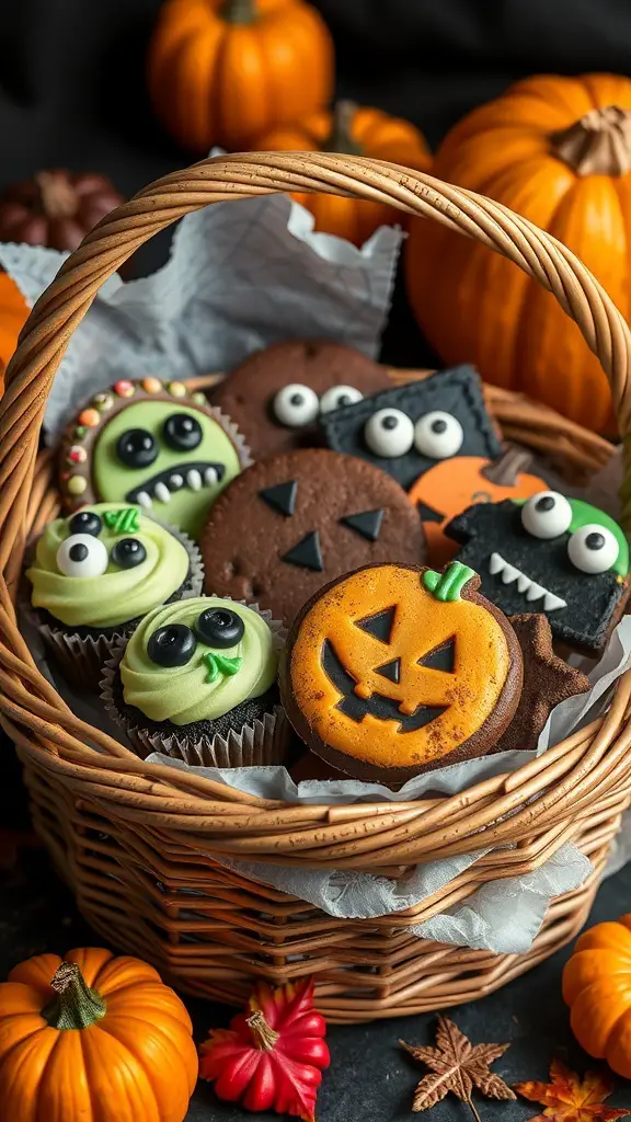 27+ Creative Boo Basket Ideas for a Spooktacular Surprise 12 A wicker basket filled with Halloween-themed cookies and cupcakes, surrounded by pumpkins.