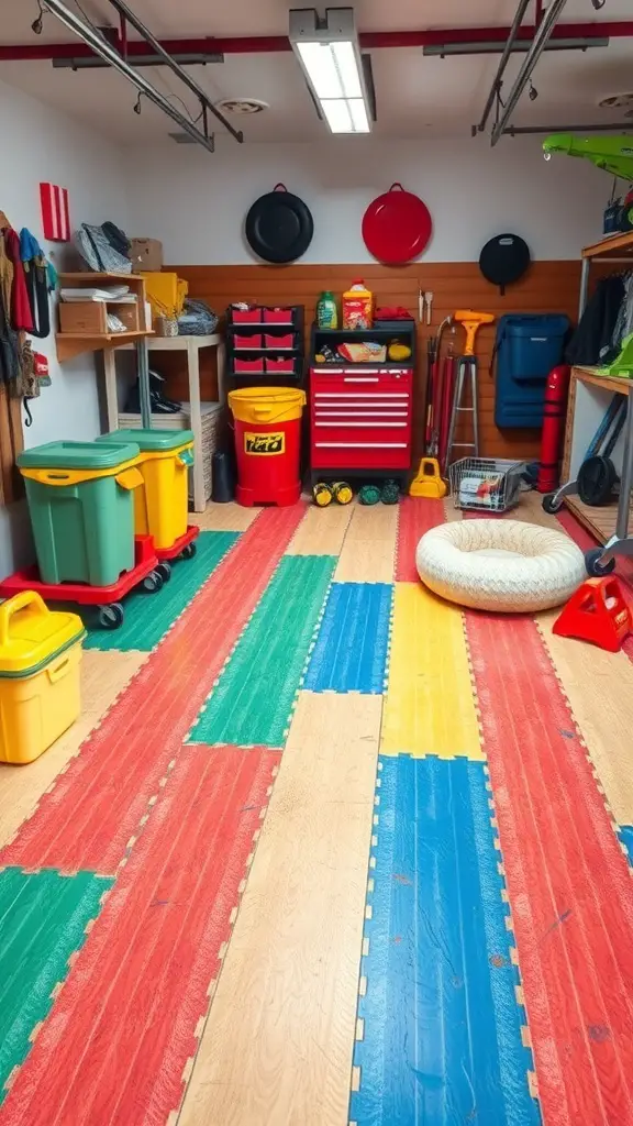 25+ Creative Garage Tile Floor Ideas to Transform Your Space 16 A garage with colorful vinyl planks in red, green, blue, and yellow, featuring organized storage and a cozy pet bed.