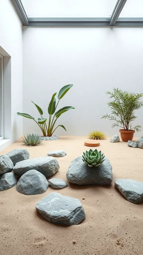 27+ Inspiring Atrium Garden Ideas to Transform Your Space 12 A minimalist atrium garden featuring sand, stones, and plants.