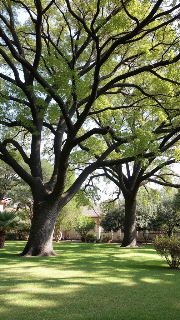 A pair of large nut trees providing shade in a lush green yard.