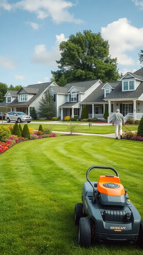A well-maintained lawn with a lawn mower in the foreground and colorful flower beds.