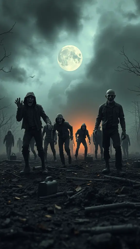 A group of zombies walking in a dark, eerie landscape under a full moon.