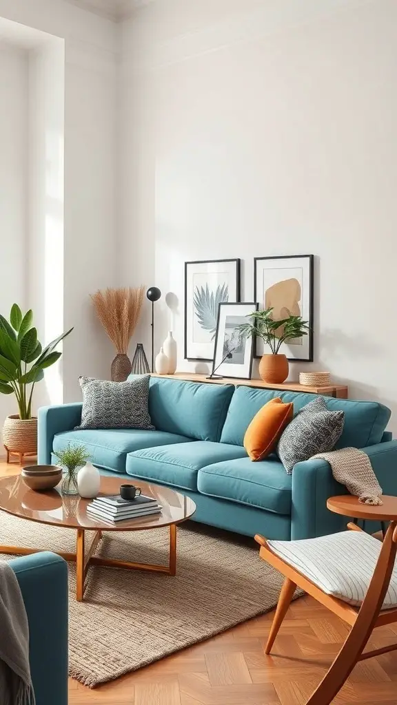 A stylish living room featuring a teal couch, decorative pillows, a round coffee table, and plants.