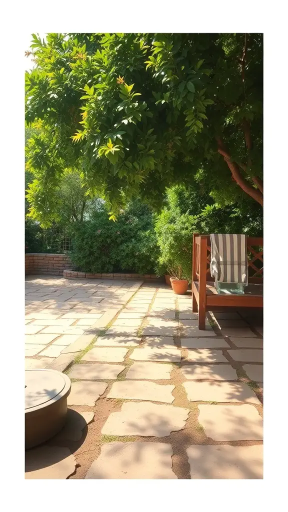 21+ Stunning Full Shade Landscaping Ideas for Your Garden 3 A shaded patio area with stone pavers and a wooden bench surrounded by greenery.