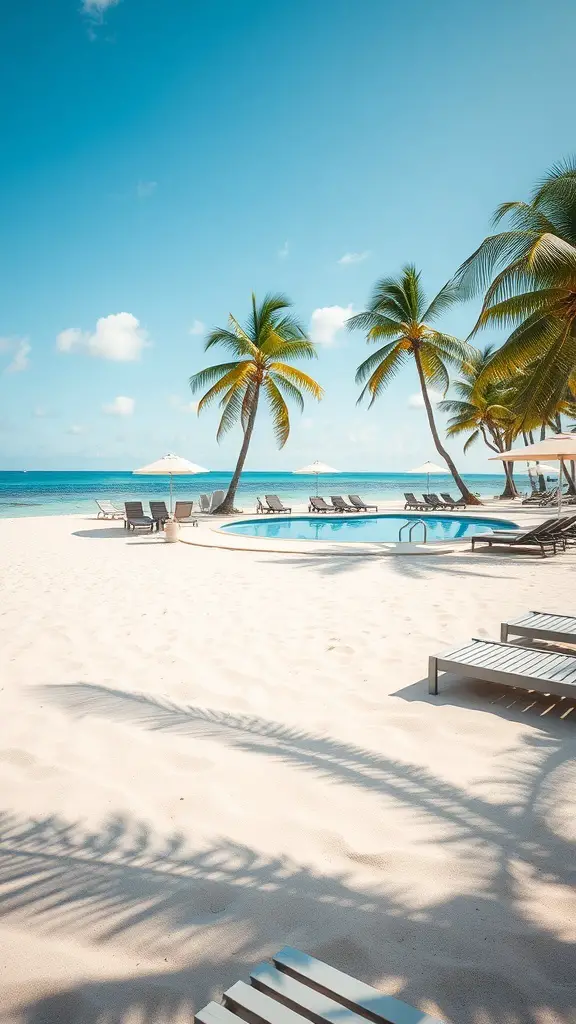 A sandy beach area with lounge chairs and a pool surrounded by palm trees.