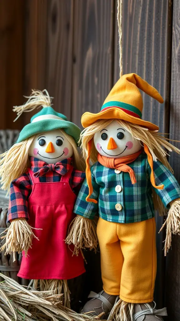 Two cheerful scarecrow stuffed figures with colorful outfits and straw hair.