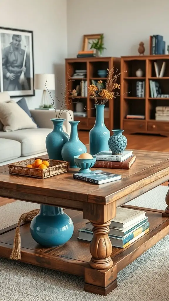 A rustic brown coffee table adorned with blue decorative vases and a basket of oranges.