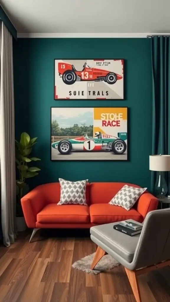 23+ Creative Car Room Decor Ideas for Enthusiasts 10 A cozy bedroom with automotive-themed bedding, featuring a colorful bedspread with cars, checkered patterns, and matching pillows.
