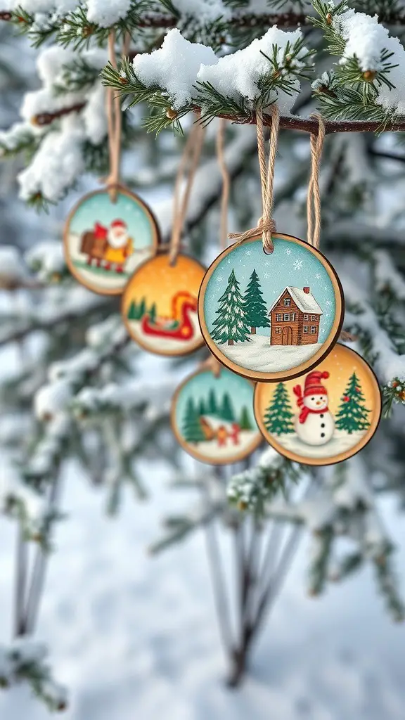 Hand-painted wooden discs with holiday designs hanging on a snowy branch