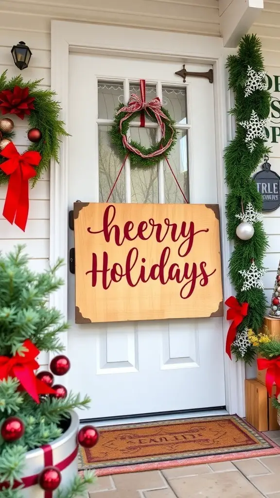 23+ Festive Front Porch Christmas Decor Ideas You’ll Love 15 A front porch decorated for Christmas with a wooden sign, wreath, and gifts.