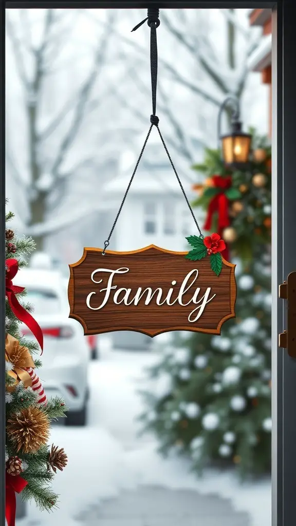 A wooden holiday plaque with the word 'Family' hanging on a door, surrounded by festive decorations.