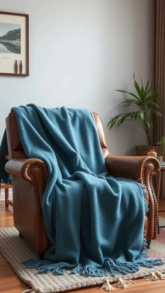 A brown leather recliner with a blue throw blanket draped over it, set in a cozy living room.