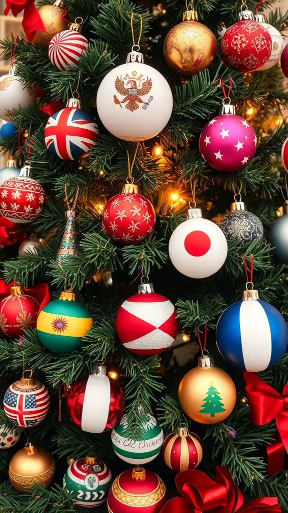 A colorful Christmas tree adorned with various ornaments from around the world.