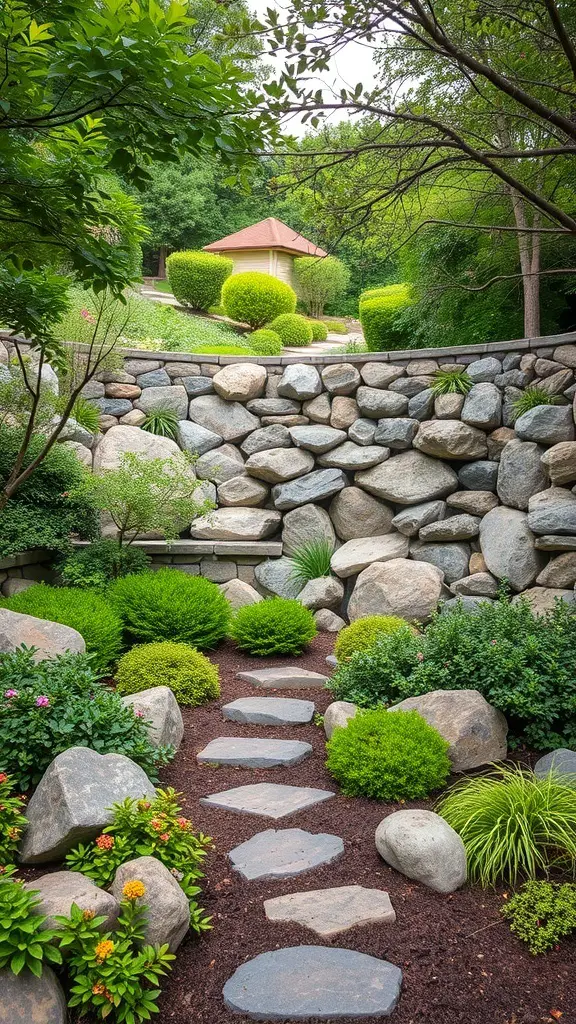 27+ Stunning English Garden Landscaping Ideas You’ll Love 14 A landscaped garden featuring a stone pathway and a stone wall, surrounded by lush greenery.