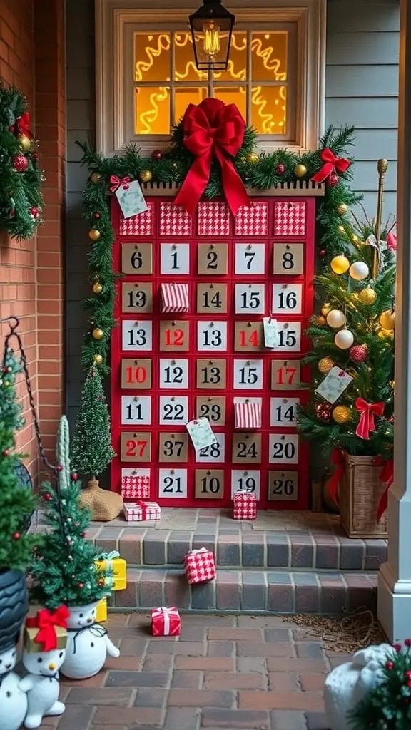 23+ Festive Front Porch Christmas Decor Ideas You’ll Love 20 A festive advent calendar displayed on a porch with greenery and holiday decorations.