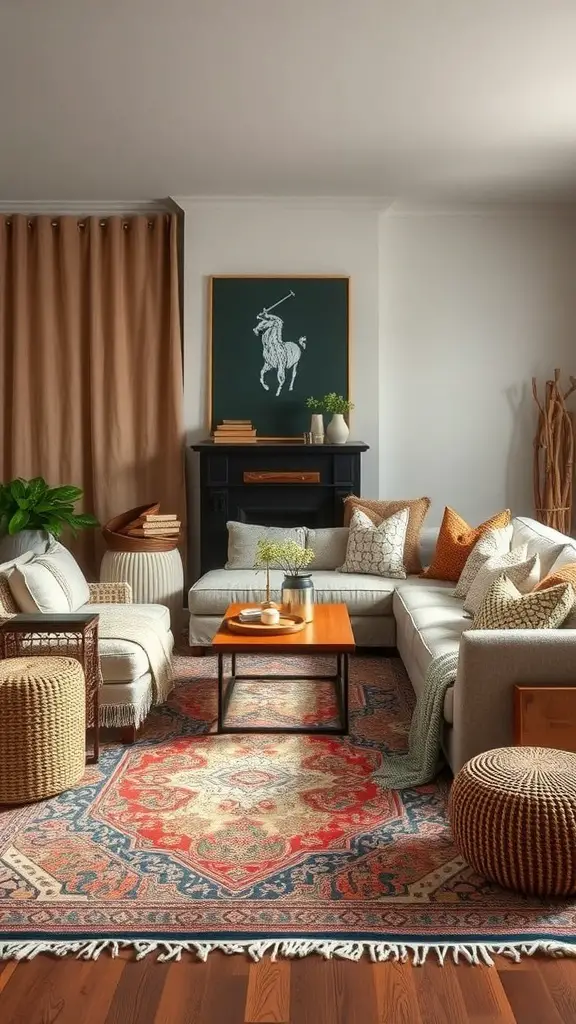 25+ Stunning Ralph Lauren-Inspired Interior Design Ideas 9 A cozy living room featuring a layered texture design with a sofa, cushions, an area rug, and natural elements.