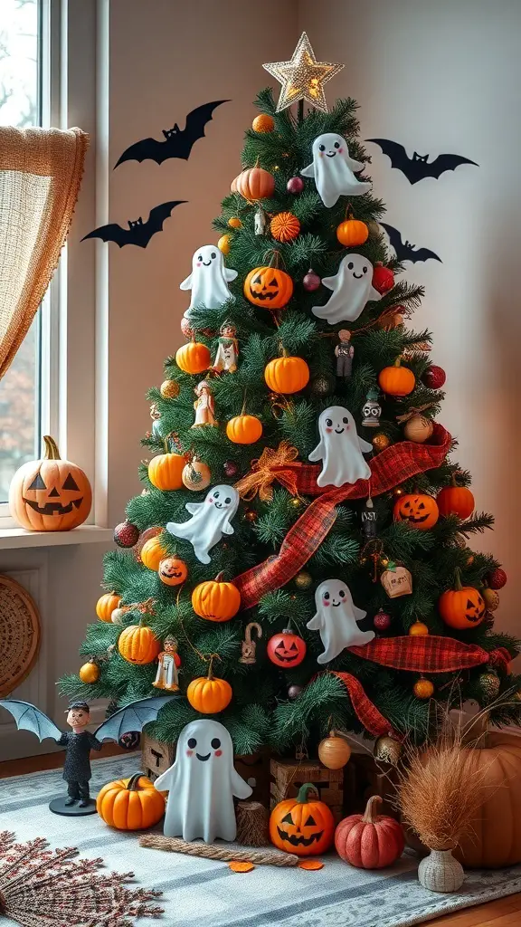 29+ Creative Halloween Christmas Tree Ideas to Spook Up Your Holiday Decor 17 A Halloween-themed Christmas tree decorated with ghost ornaments, pumpkins, and bats.