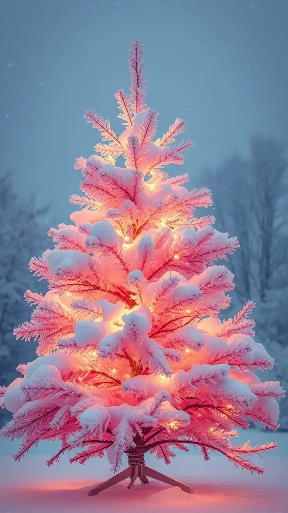 31+ Pink Christmas Tree Ideas to Brighten Your Holiday Décor 11 A frosted pink Christmas tree with lights glowing softly in a snowy setting.