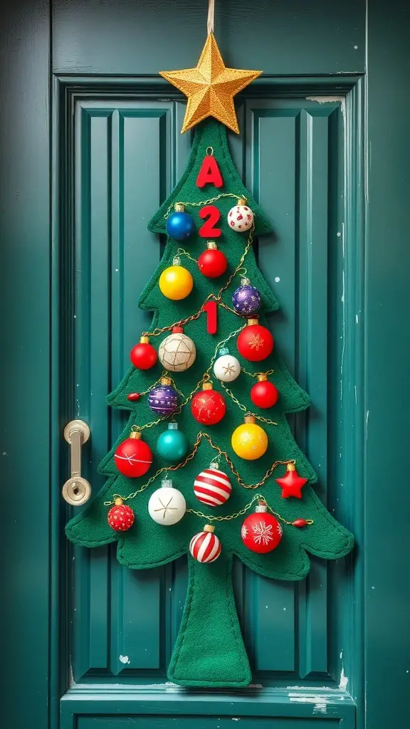 A felt Christmas tree door hanger with colorful ornaments and a star on top, hanging on a green door.