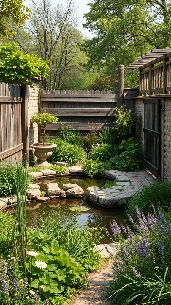 A rustic garden with a pond, stone pathway, and lush greenery.