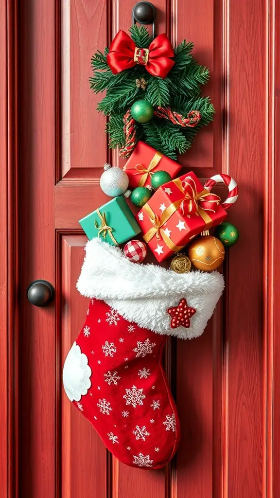 A red Christmas stocking door hanger filled with gifts, hanging on a wooden door with a wreath above it.