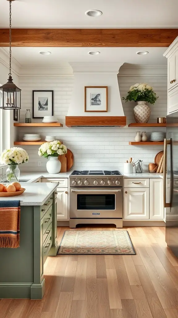 A stylish kitchen featuring a green island, wooden shelves, and framed artwork.
