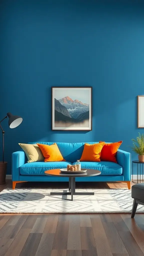 29+ Stunning Blue Couch Living Room Ideas You’ll Love 12 A bright blue couch with colorful cushions in a stylish living room setting.