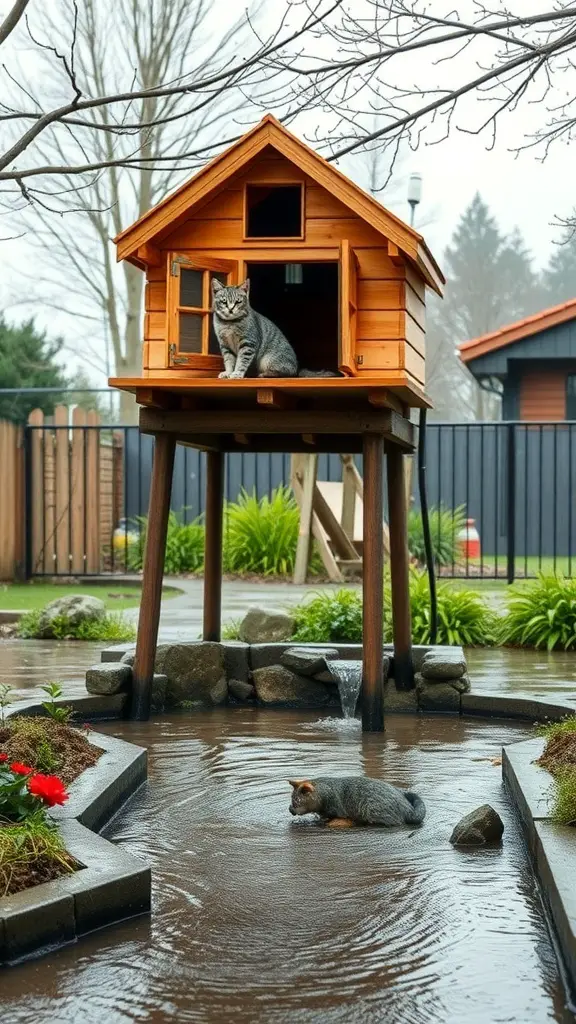31+ Creative Outdoor Cat House Ideas for Your Feline Friend 11 A wooden elevated cat house with two cats, one sitting on the roof and another playing in the water below.