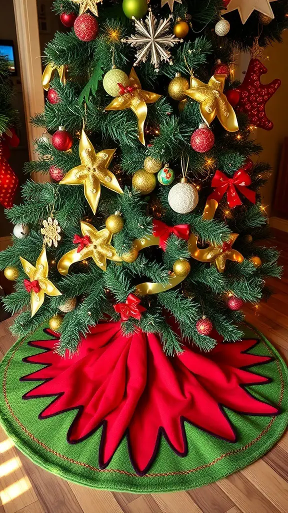 A colorful Grinch-themed tree skirt with a red and green design under a decorated Christmas tree.