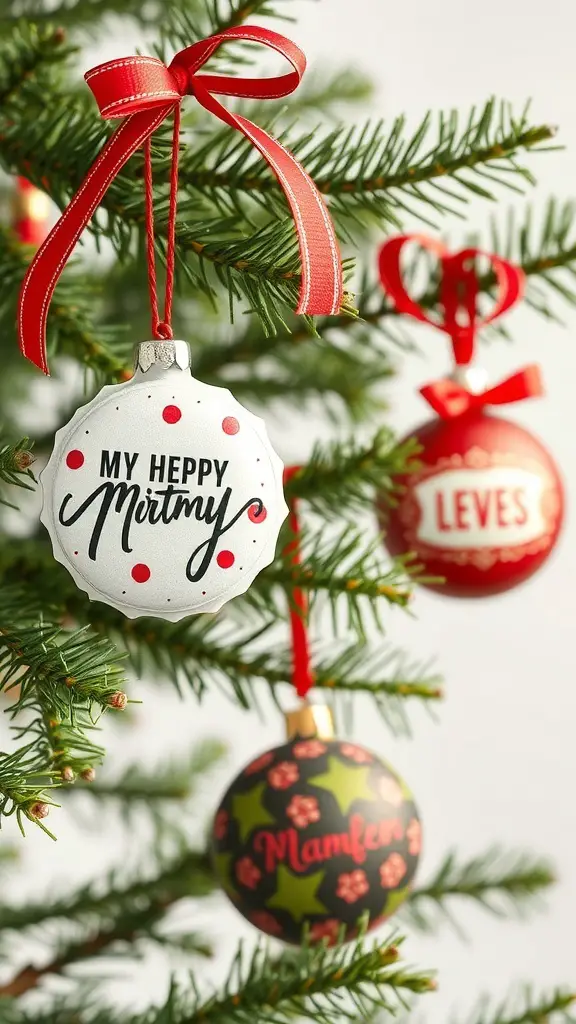 Colorful bottle cap ornaments hanging on a Christmas tree.