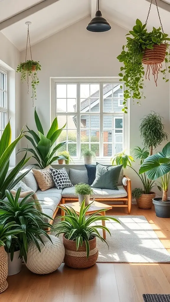 29+ Modern Cottage Living Room Ideas You’ll Love 15 A modern cottage living room filled with various indoor plants, showcasing a cozy and fresh atmosphere.