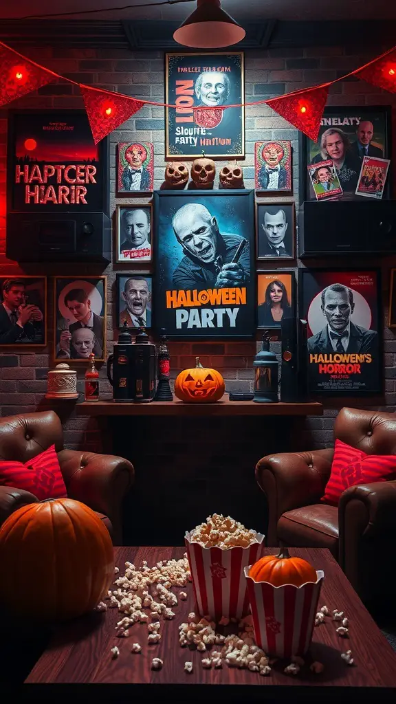 33+ Spooktacular Halloween Party Themes You Need to Try 13 A cozy Halloween party setup featuring classic horror movie posters, popcorn, pumpkins, and a jack-o'-lantern.