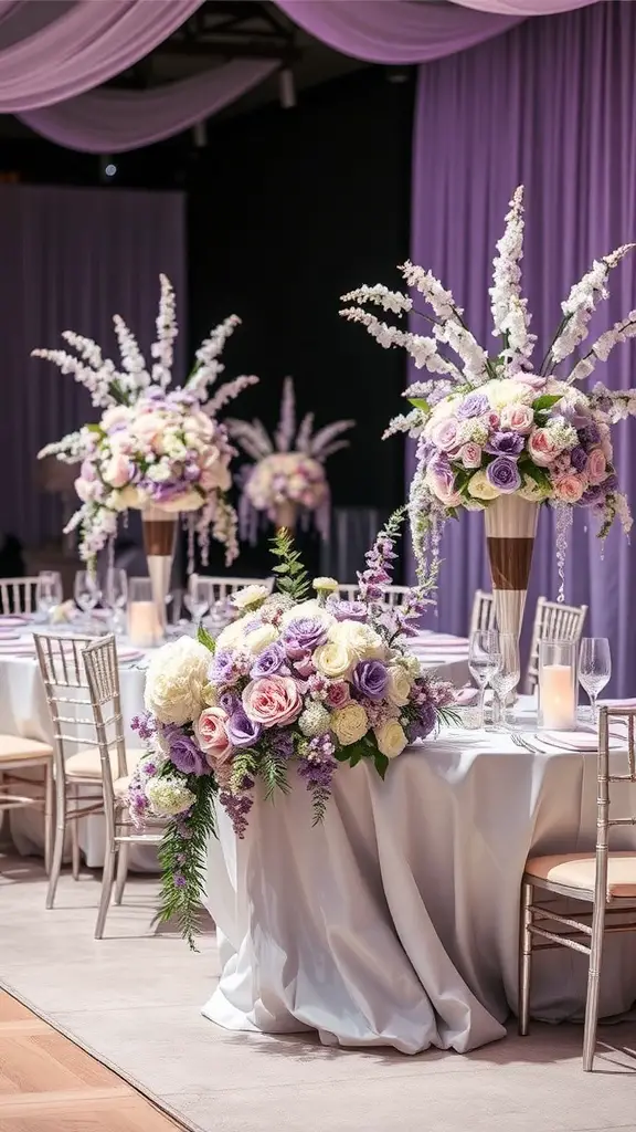 27+ Stunning Wedding Theme Color Schemes to Inspire Your Big Day 12 Wedding table setting with lavender and silver theme featuring floral arrangements and elegant decor.