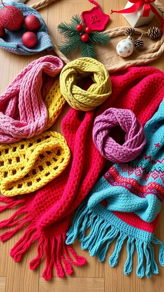 Colorful crochet scarves in pink, yellow, red, and blue with holiday decorations