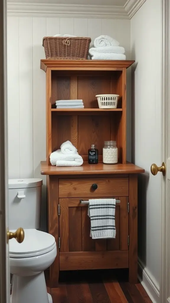 Wooden cabinet in a small bathroom storing towels and toiletries