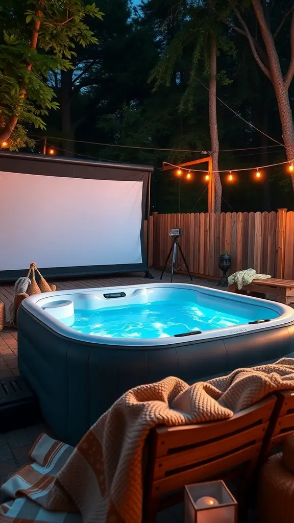 21+ Creative Backyard Inflatable Hot Tub Ideas 15 An inflatable hot tub set up for a movie night under the stars, featuring a large screen, string lights, and cozy seating.