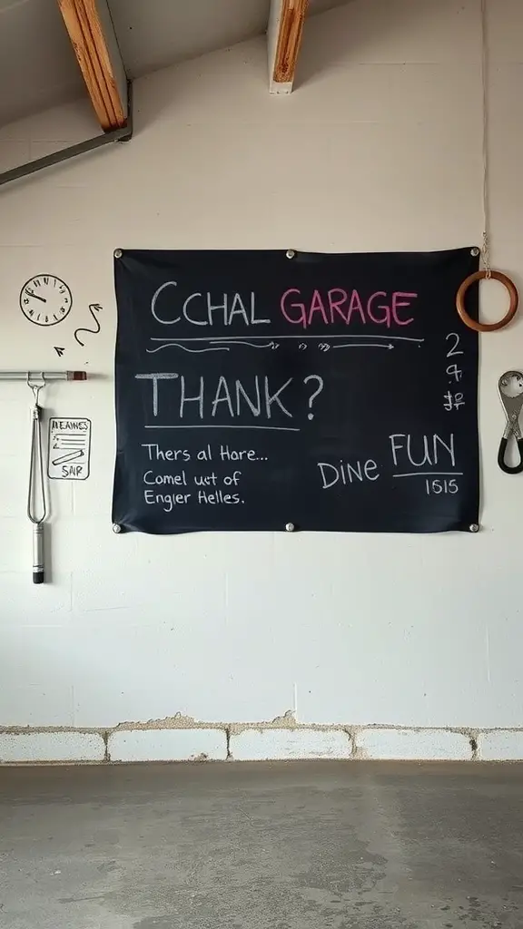 Chalkboard wall in a garage with playful writing and drawings.