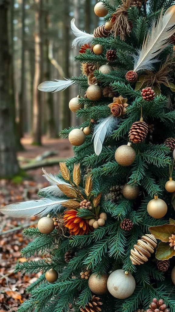 27+ Stunning Christmas Tree Décor Ideas You’ll Love 9 A Christmas tree decorated with natural elements like pinecones, feathers, and gold ornaments in a woodland setting.