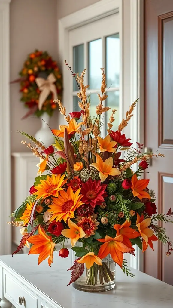 27+ Fall Entry Table Decor Ideas with 8 A vibrant fall floral arrangement with sunflowers, lilies, and seasonal foliage in warm autumn colors.
