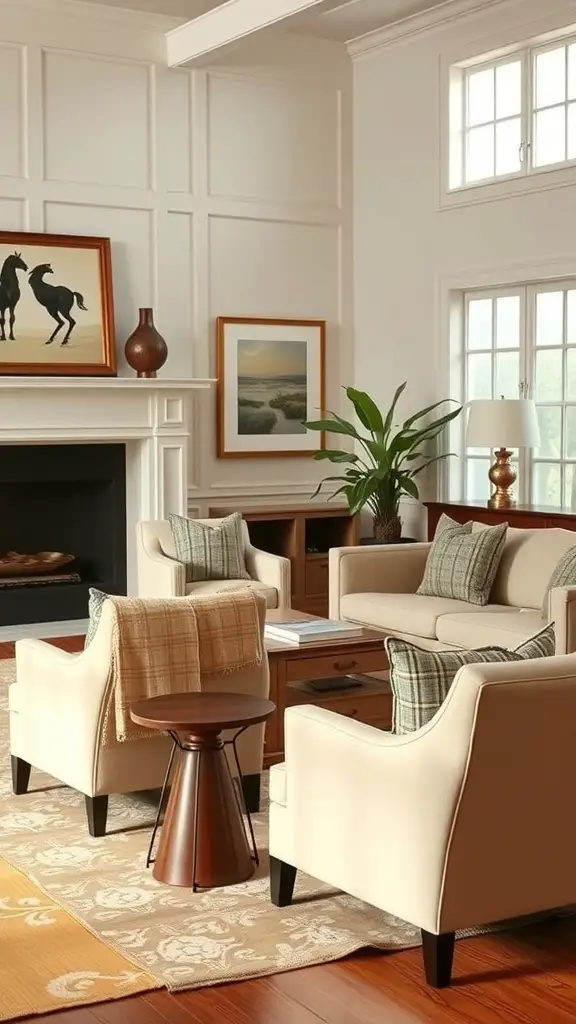 25+ Stunning Ralph Lauren Living Room Ideas for a Classic Makeover 13 Cozy living room with light-colored seating, decorative art, and natural light.