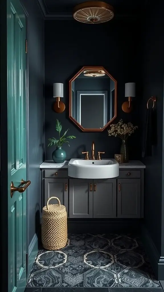 27+ Dark and Moody Powder Room Decor Ideas for a Chic Makeover 3 A dark moody powder room featuring teal accents, gold fixtures, and a modern sink.