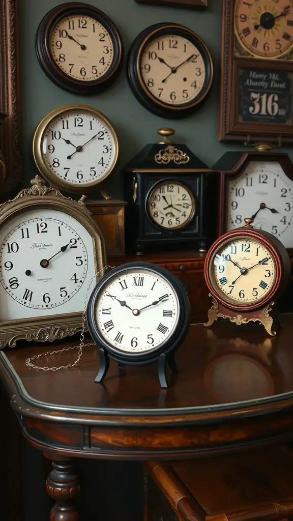 19+ Stunning Vintage Maximalism Decor Ideas to Transform Your Space 16 A collection of vintage clocks displayed on a wooden table.