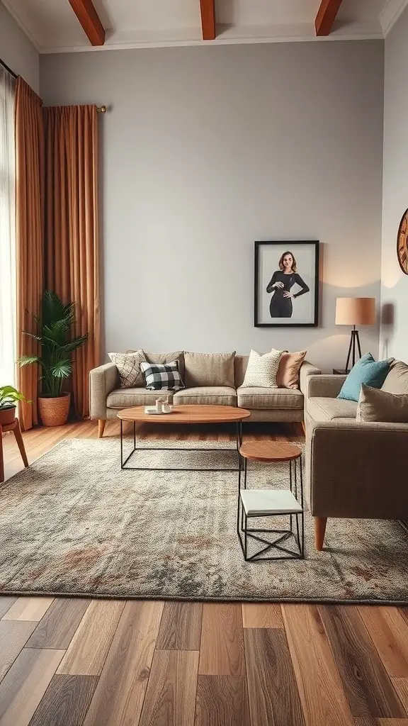 A warm living room featuring a textured rug, cozy seating, and earthy tones.