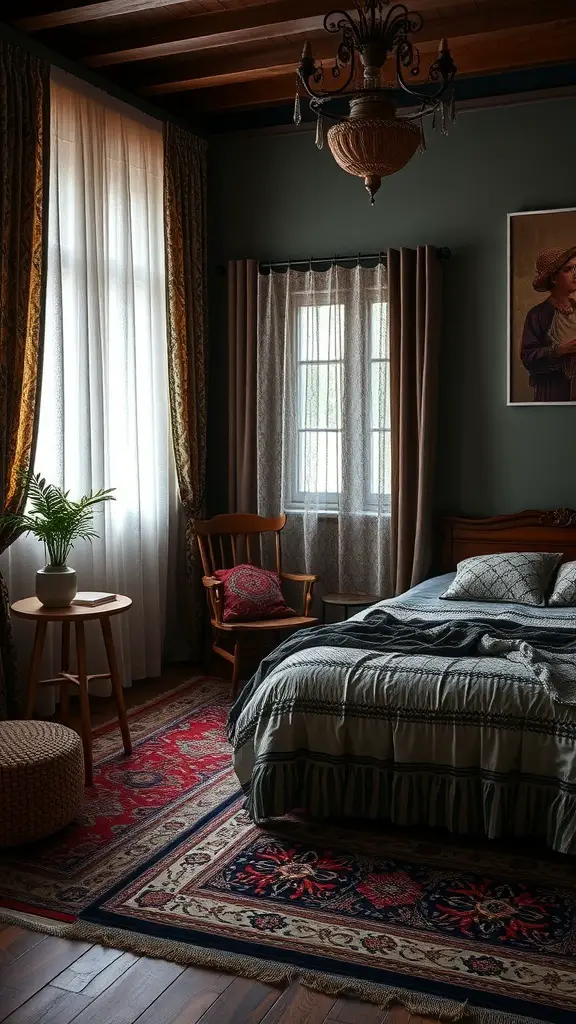 A dark boho bedroom featuring a patterned rug, striped bedding, and layered curtains.