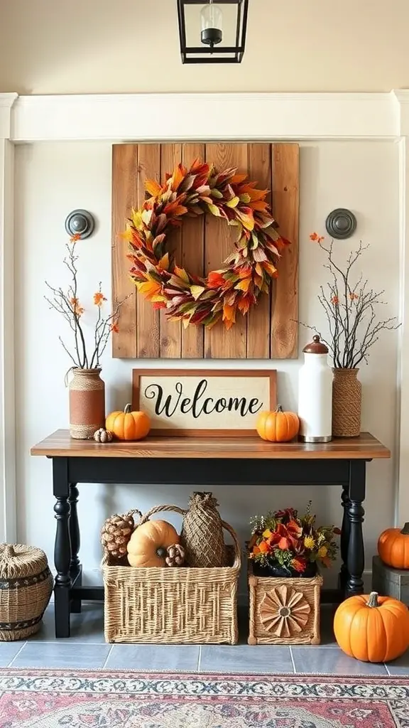 27+ Fall Entry Table Decor Ideas with 21 A fall-themed entryway with a personalized wooden welcome sign, pumpkins, and a decorative wreath.
